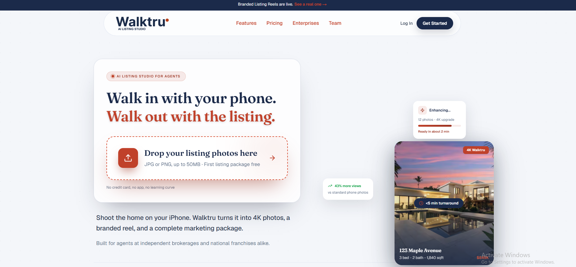 Walktru.io homepage: drop your listing photos to generate 4K photos, a branded reel and a full marketing package