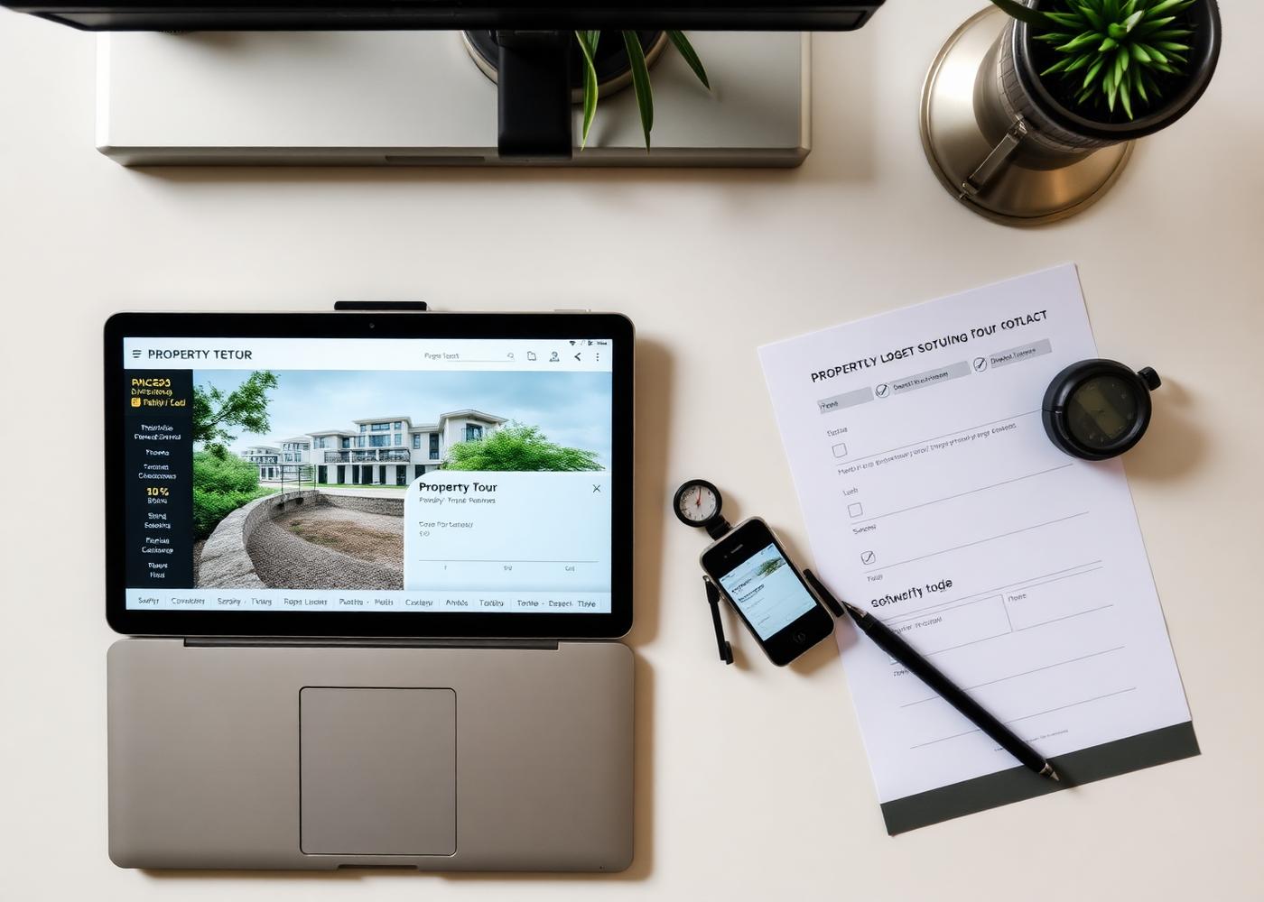 Our review desk: laptop running a property tour, phone on a tripod, stopwatch and printed scoring sheet